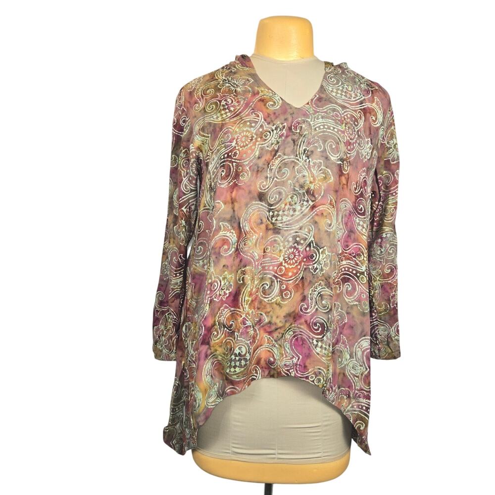 Soft Surroundings Womens PS Petite Small Hooded Top Batik Colorful Sharkbite Hem
